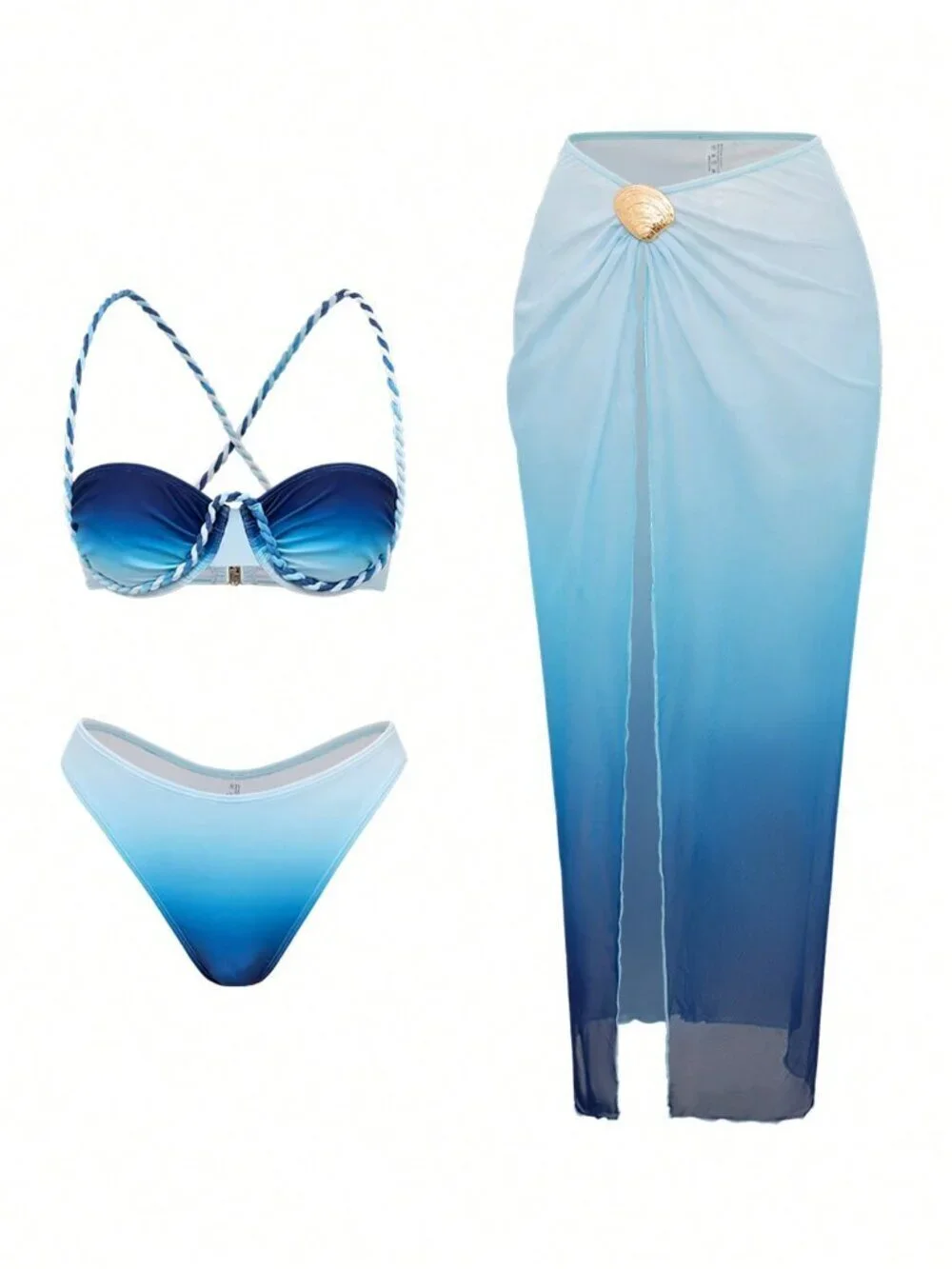 Blue Sexy Women'sTight Gradient Print Braided Rope Beach Mesh Skirt Bikini Set